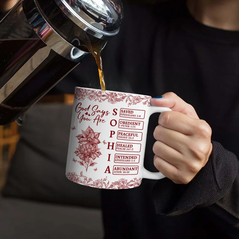 Gift For Yourself,Gift For Women,Happy,Christian - God Says I Am Toile De Jouy Flower - Personalized White Edge-to-Edge Mug