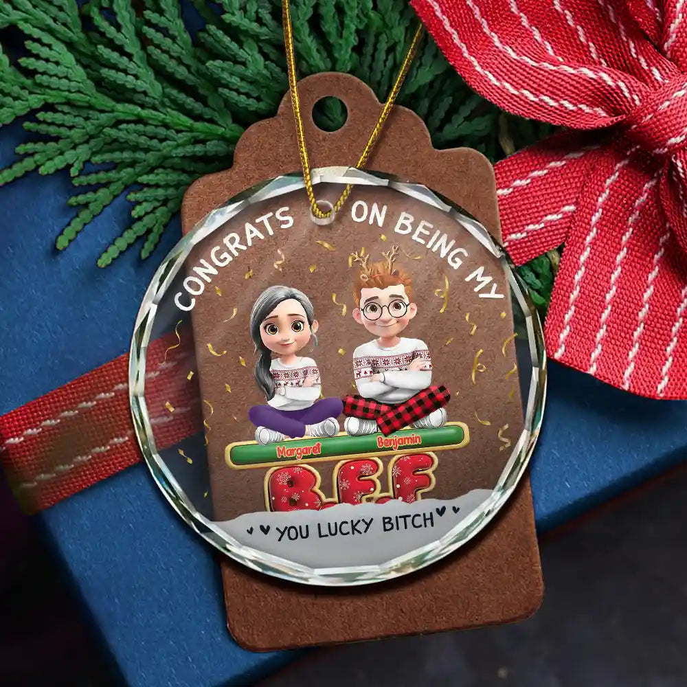 Gift For Bestie,Christmas,Happy,Gift For Sisters,Gift For Brothers,Gift For Sibling,Cousin - Congrats On Being My Besties Friends Siblings 3D Effect - Personalized Circle Glass Ornament