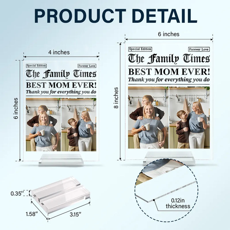 Gift For Mother,Gift For Father,Gift For Women,Gift For Men,Love - Custom Photo Best Mom Dad Ever Newspaper Theme - Personalized Vertical Rectangle Acrylic Plaque
