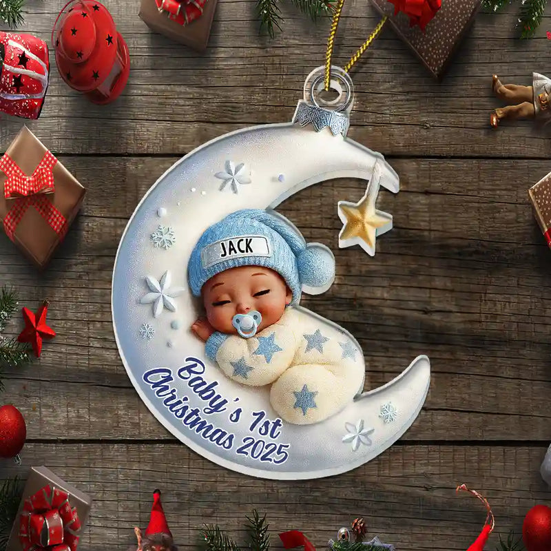 Christmas,New baby,New Dad,New Mom -  Baby Sleeping On The Moon First Christmas 3D Effect - Personalized Custom Shaped Acrylic Ornament