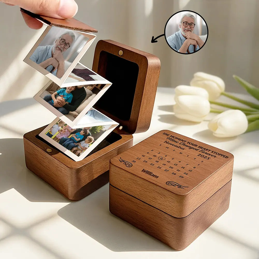 Gift For Yourself,Gift For Women,Gift For Men,Memorial,Sad - Custom Photo Calendar The Moment Your Heart Stopped - Personalized Wooden Accordion Photo Box
