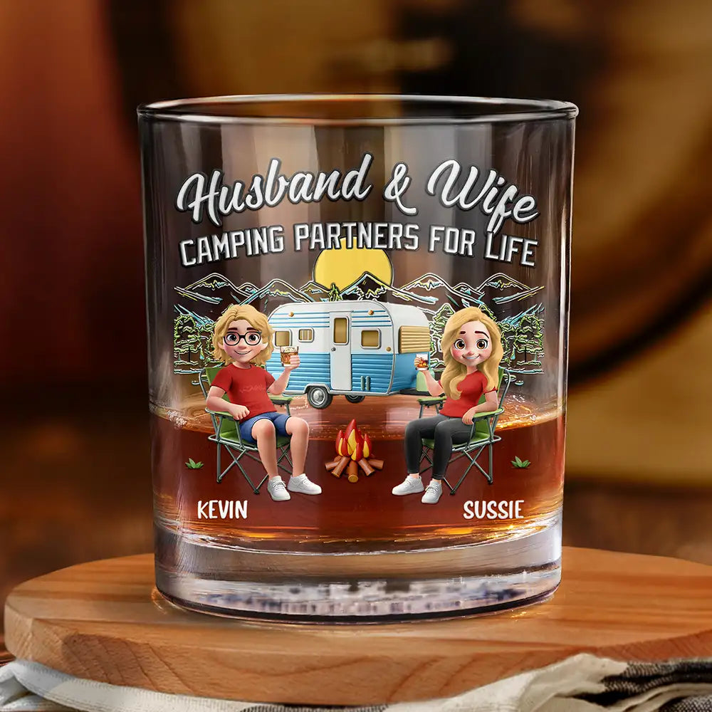 Husband And Wife Camping Partners - Personalized Whiskey Glass