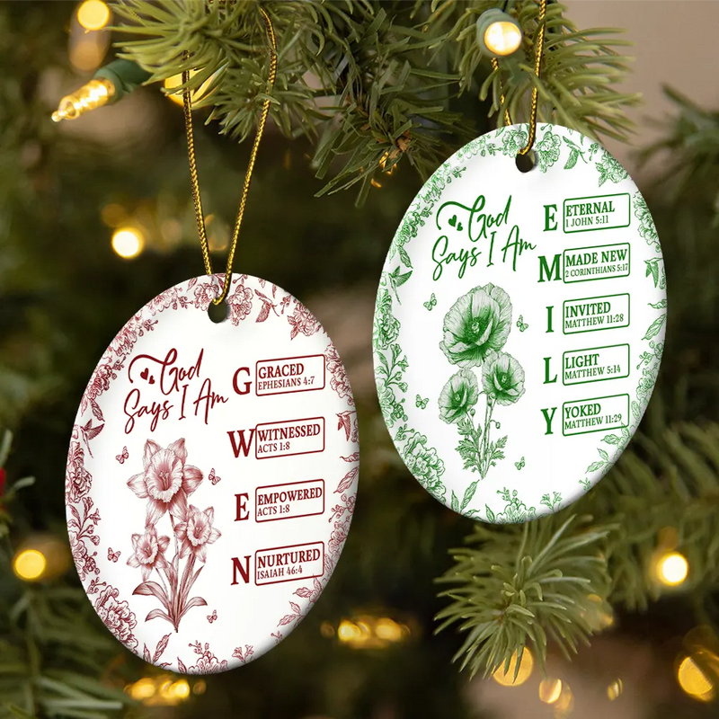Gift For Yourself,Gift For Women,Happy,Christmas,Christian - God Says I Am Name Letter In Bible Toile De Jouy Flower - Personalized Circle Ceramic Ornament