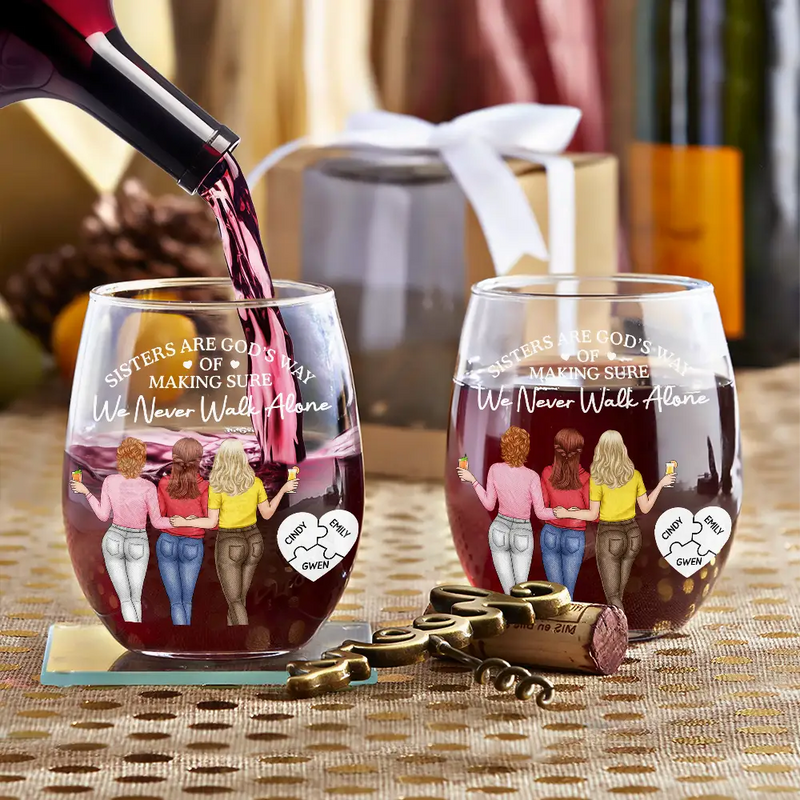 Gift For Bestie,Old Best friends,Happy - A Friend Is God's Way Of Making Sure We Never Walk Alone - Personalized Stemless Wine Glass