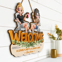 Gift For Couples,Gift For Husband,Gift For Wife,Gift For Boyfriend,Gift For Girlfriend,Happy - A Lovely Lady And A Grumpy Old Man Live Here - Personalized Custom Shaped Wood Sign