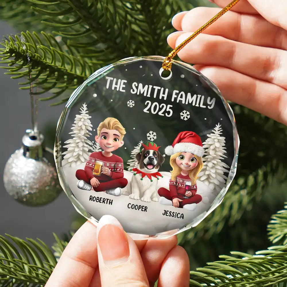 Happy, Gift For Couples, Gift For Husband, Gift For Wife, Parents, Family, Dog Lovers, Cat Lovers, Pet Lovers - Family Kid Cat Dog - Personalized Circle Glass Ornament