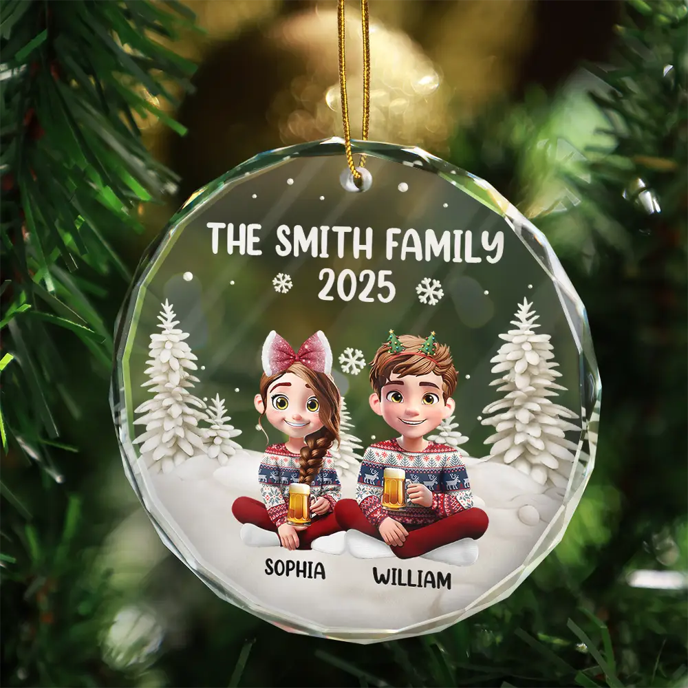 Happy, Gift For Couples, Gift For Husband, Gift For Wife, Parents, Family, Dog Lovers, Cat Lovers, Pet Lovers - Family Kid Cat Dog - Personalized Circle Glass Ornament