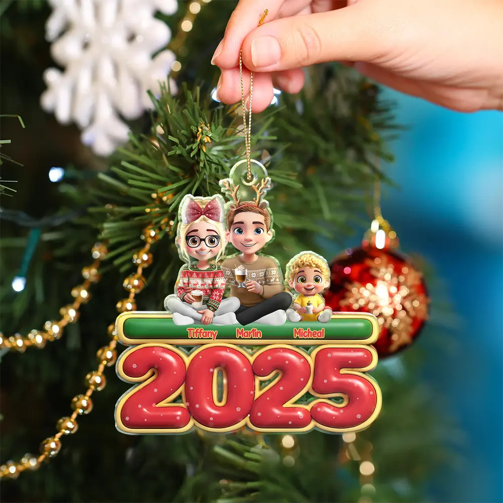 Gift For Couples,Family,Parents,Christmas,Pet Couple - Cute Couple With Kids And Dogs Cats 3D Effect - Personalized Custom Shaped Acrylic Ornament
