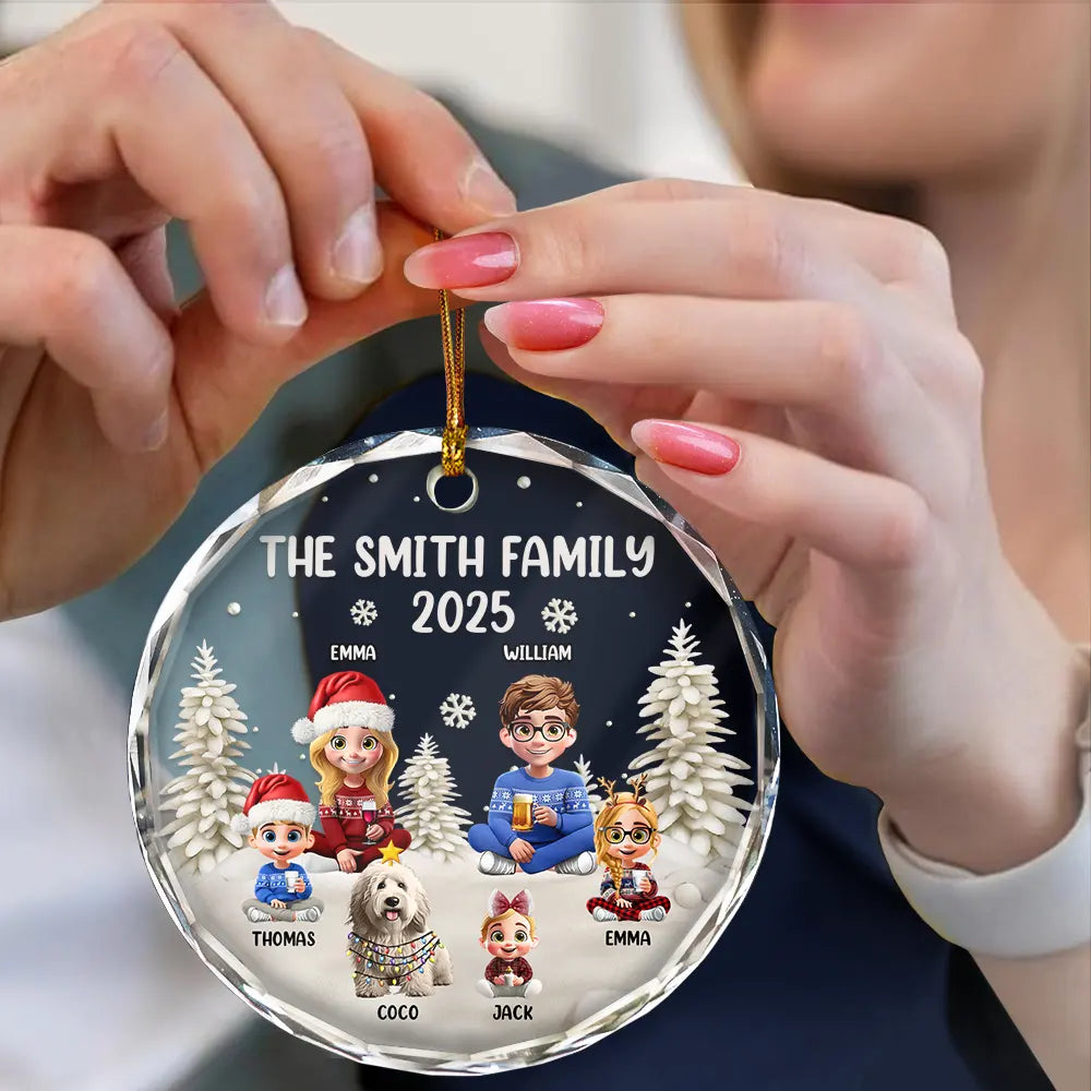 Happy, Gift For Couples, Gift For Husband, Gift For Wife, Parents, Family, Dog Lovers, Cat Lovers, Pet Lovers - Family Kid Cat Dog - Personalized Circle Glass Ornament