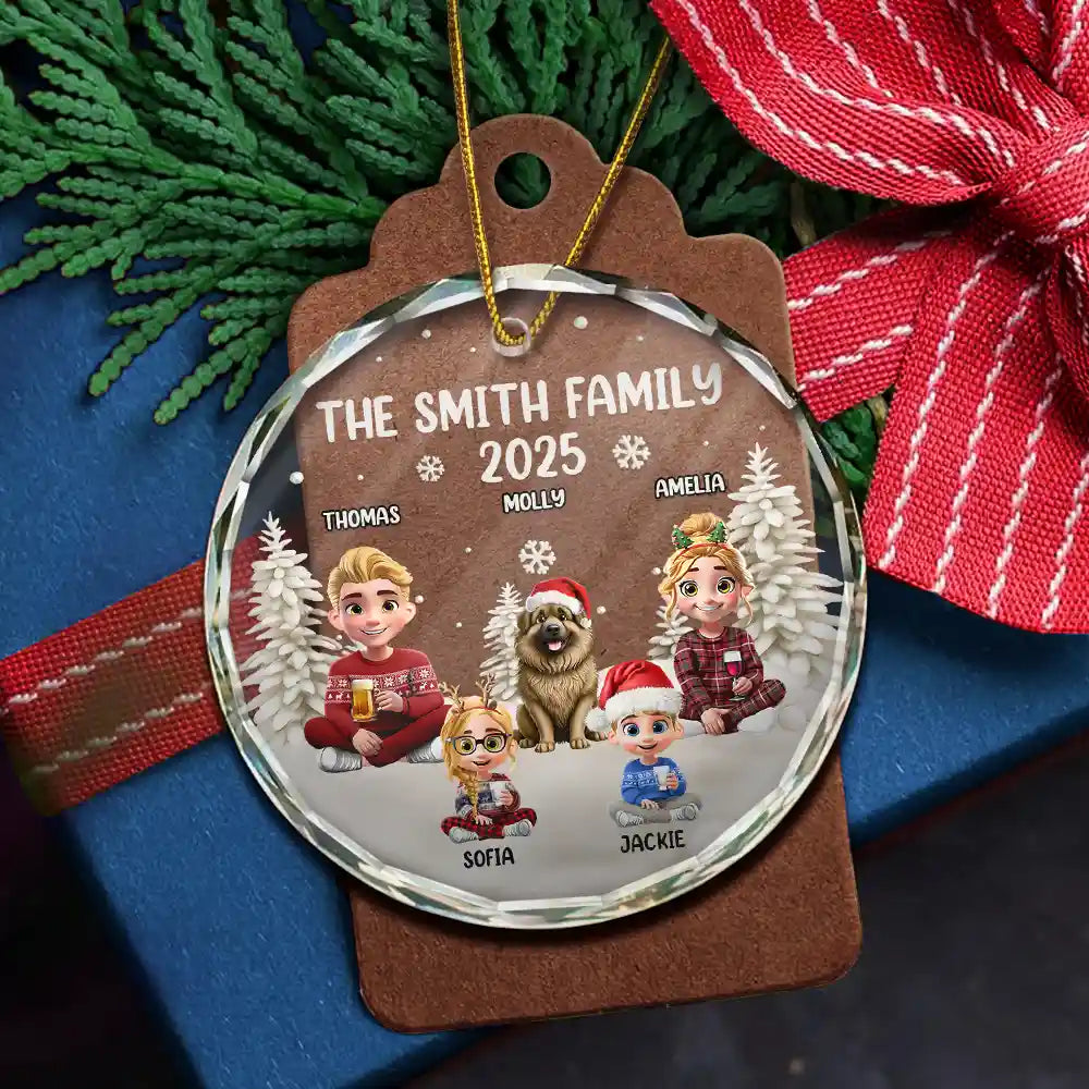 Happy, Gift For Couples, Gift For Husband, Gift For Wife, Parents, Family, Dog Lovers, Cat Lovers, Pet Lovers - Family Kid Cat Dog - Personalized Circle Glass Ornament
