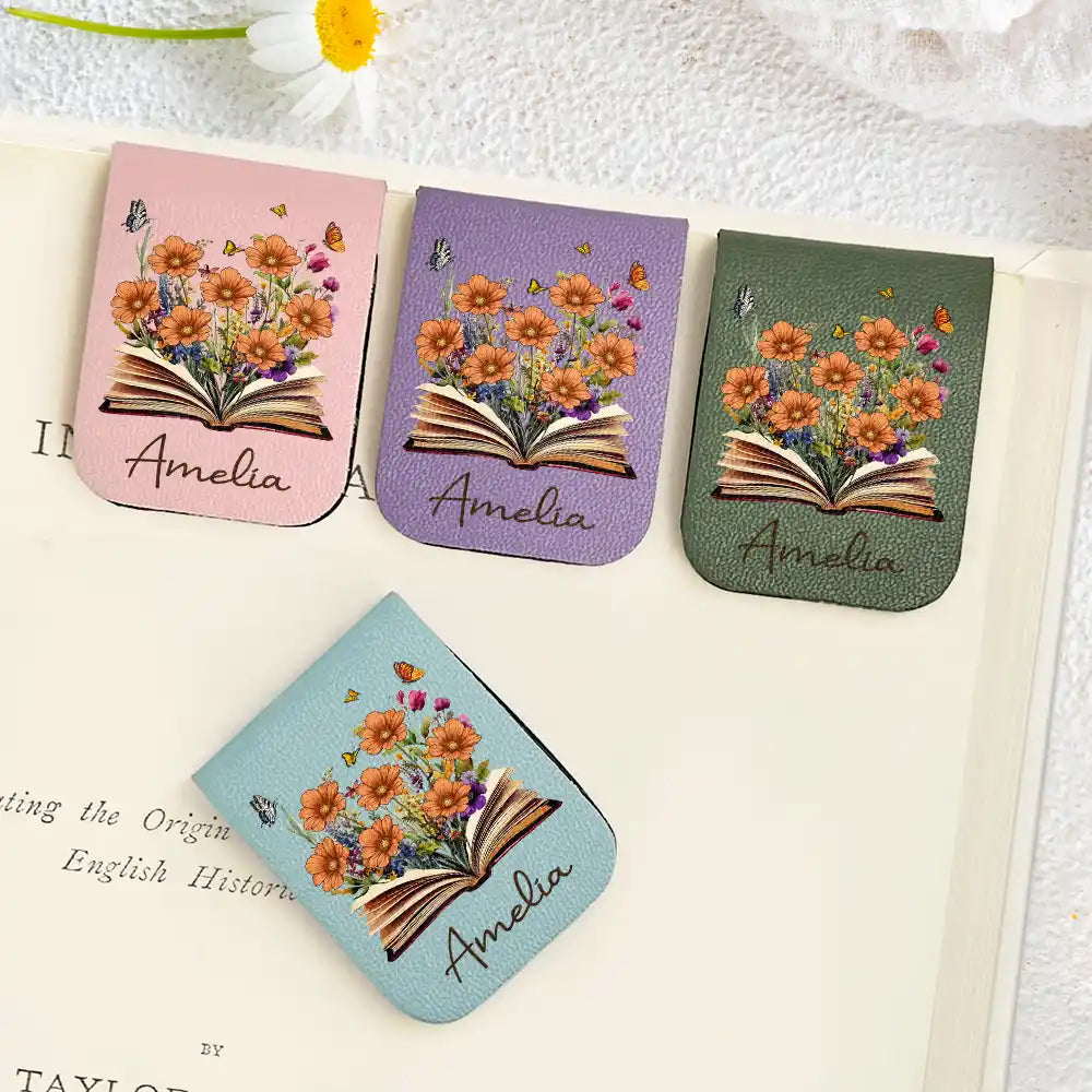Flowers Growing From Book, Birth Month Flowers - Personalized Leather Magnetic Bookmark