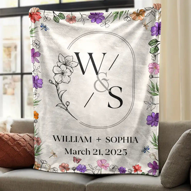 Gift For Couples, Wedding Anniversary, Married, Love - Married Couple Birth Flower Letter - Personalized Fleece Blanket, Sherpa Blanket