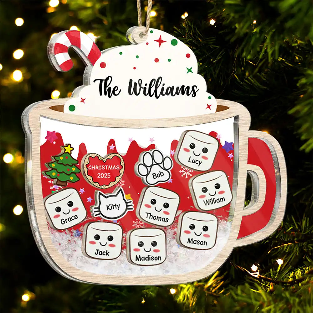 Happy,Christmas,Gift For Couples,Married ,Gift For Grandparents,Parents,Family - Marshmallows Family Dog Cat - Personalized 3-Layered Acrylic Shaker Ornament