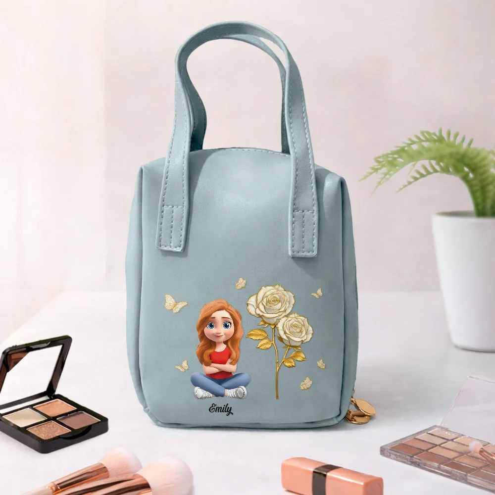 Gift For Yourself, Gift For Women, Happy - Blooming In Love Birth Month Flower - Personalized Leather Makeup Bag With Handle