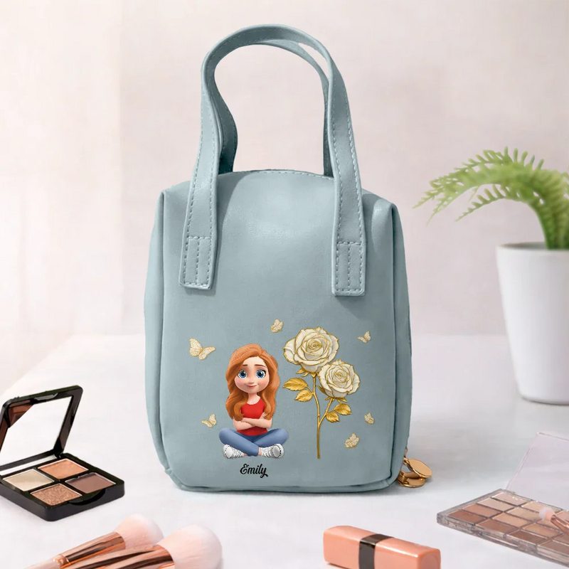 Gift For Yourself, Gift For Women, Happy - Blooming In Love Birth Month Flower - Personalized Leather Makeup Bag With Handle