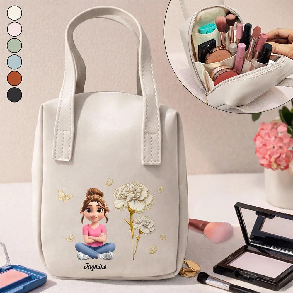 Blooming In Love Birth Month Flower - Personalized Leather Makeup Bag With Handle