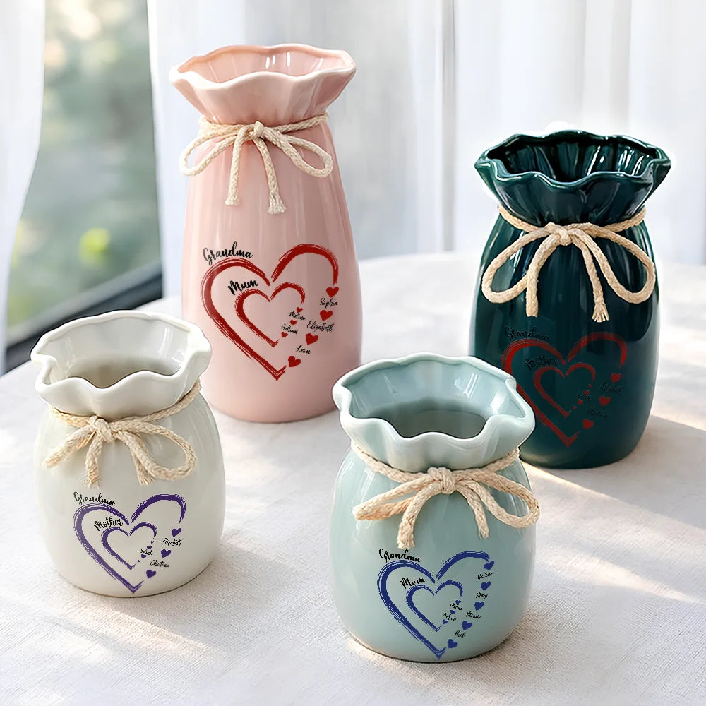 Gift For Mother,Gift For Grandma,Love - Mom Grandma Sweethearts - Personalized Ribbon Tie Flower Vase
