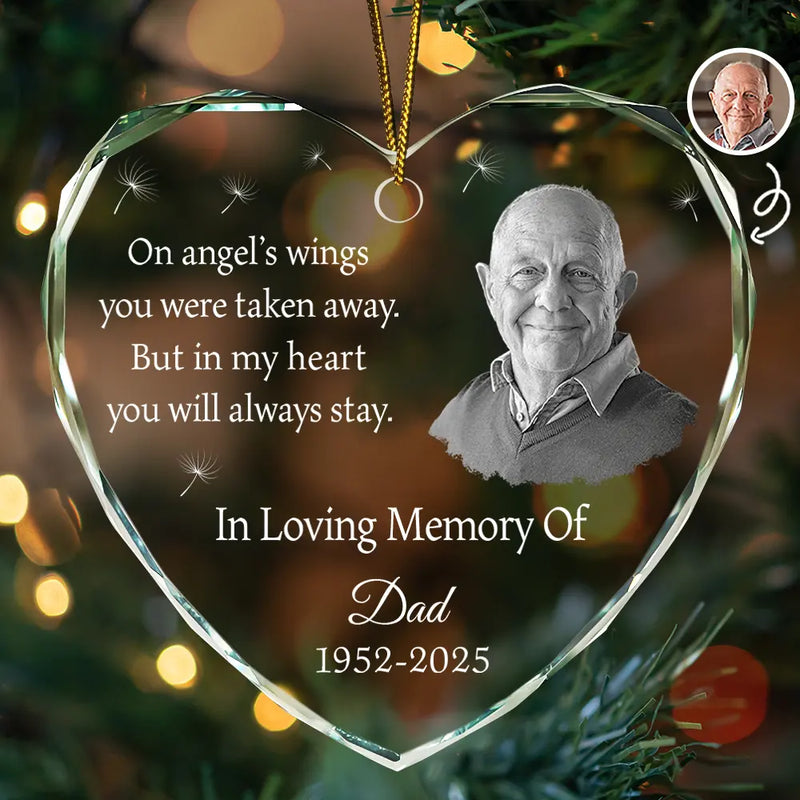 Family,Gift For Women,Gift For Men,Gift For Wife,Gift For Husband,Gift For Mother,Gift For Father,Gift For Brothers,Gift For Sisters,Gift For Son,Gift For Daughter,Custom Photo,Sad,Christmas,Memorial - Custom Photo In My Heart You Will Always Stay Memorial - Personalized Heart Shaped Glass Ornament