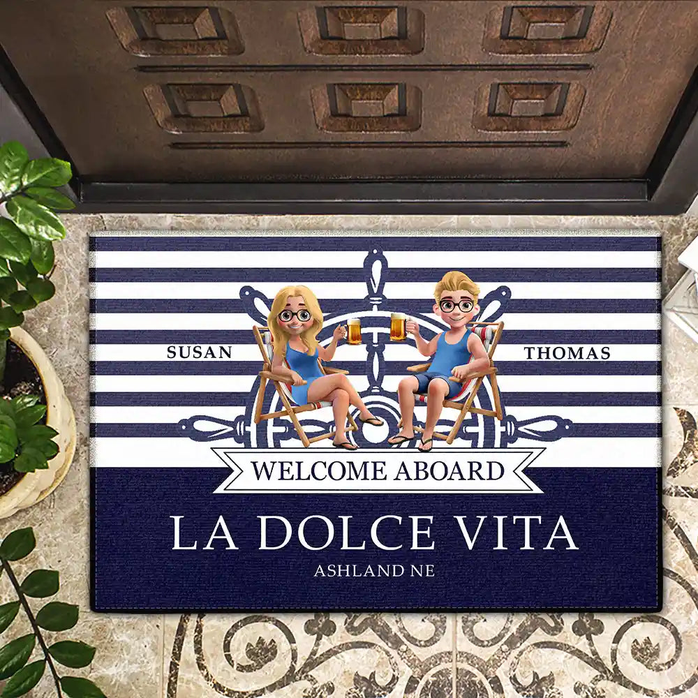 Gift For Couples,Gift For Husband,Gift For Wife,Gift For Boyfriend,Gift For Girlfriend,Happy - Nautical Boat Lovers - Personalized Doormat