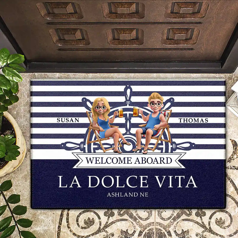 Gift For Couples,Gift For Husband,Gift For Wife,Gift For Boyfriend,Gift For Girlfriend,Happy - Nautical Boat Lovers - Personalized Doormat