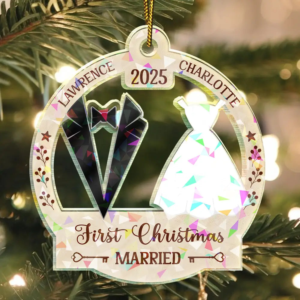 Gift For Couples,Gift For Husband,Gift For Wife,Christmas,Wedding,Love - Our First Christmas Married - Personalized Holographic Acrylic Ornament