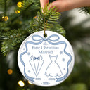 Christmas, Gift For Couples, Gift For Husband, Gift For Wife, Married, Engaged, Love - Our First Christmas Toile De Jouy - Personalized Circle Ceramic Ornament