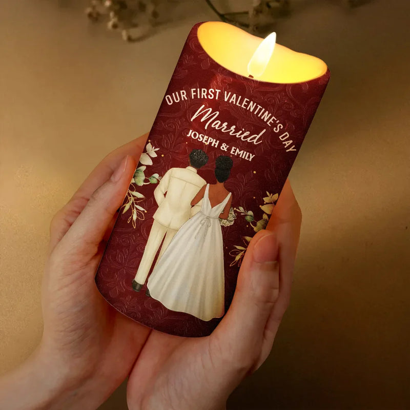 Gift For Couples, Love - Our First Valentine As Mr & Mrs Wedding Couple Pet - Personalized Flameless LED Candle