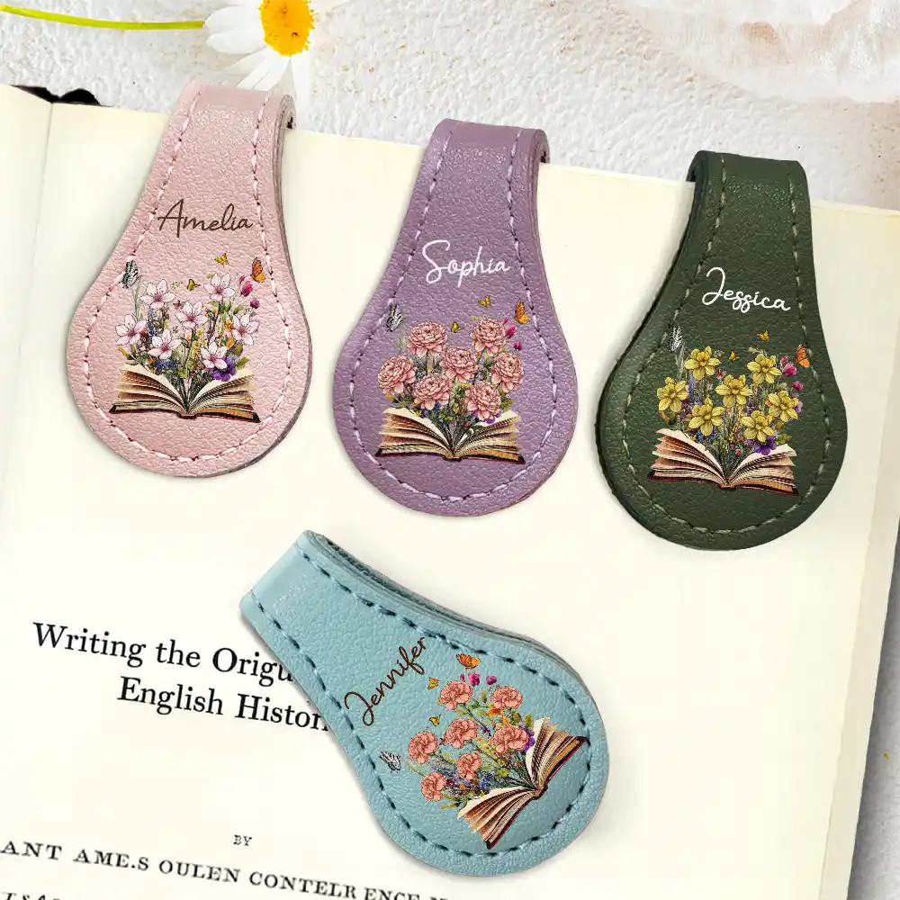 Reading,Gift For Yourself,Gift For Women,Happy - Flowers Growing From Book, Birth Month Flowers - Personalized Circle Leather Magnetic Bookmark