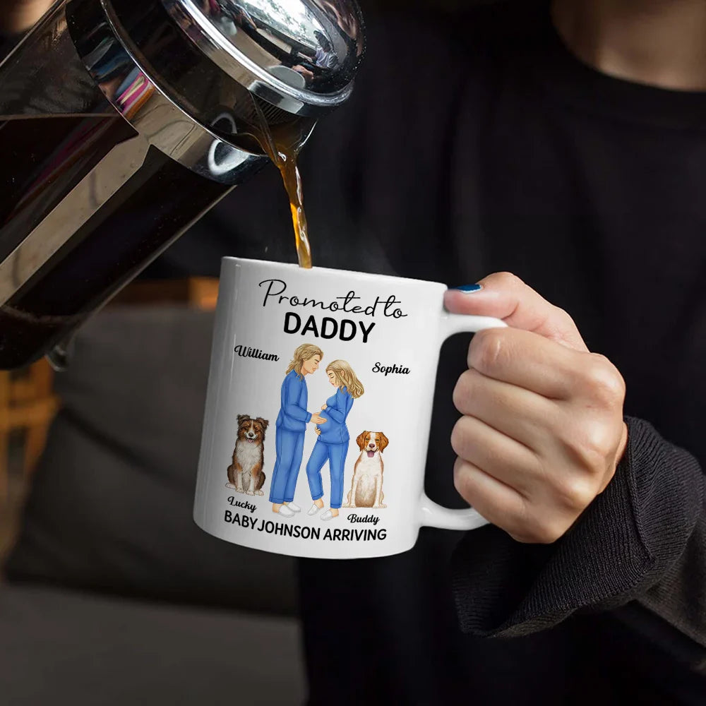 New Dad,New baby,New Mom,Happy - Promoted To Mommy & Daddy Baby Arriving - Personalized White Edge-to-Edge Mug