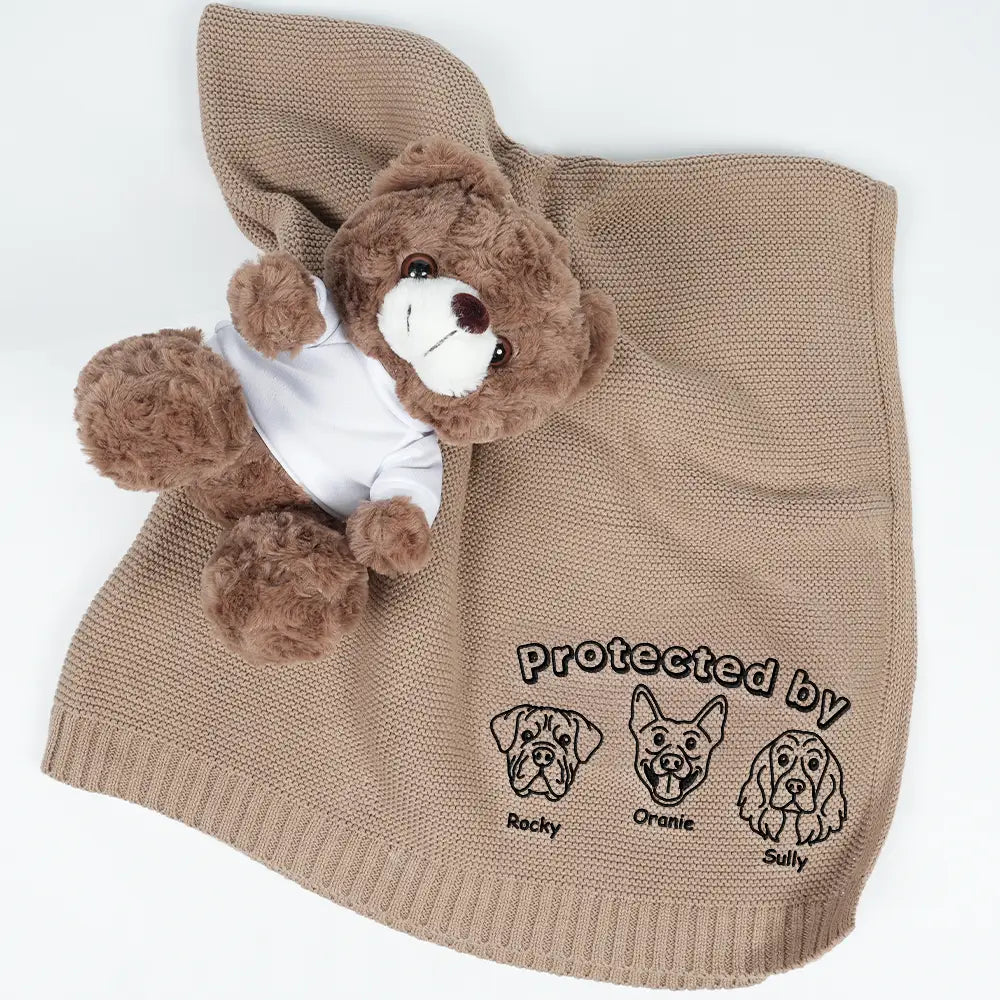 New Dad, New baby, New Mom, Love, Pet Lovers, Dog Lovers - Protected By Dogs - Personalized Embroidered Knitted Baby Blanket