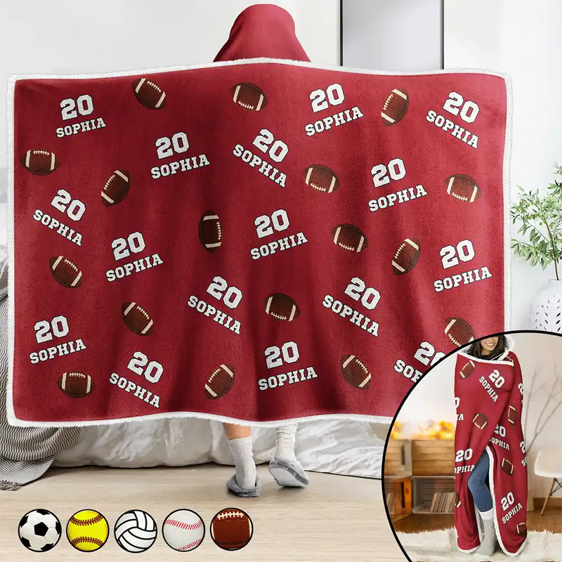 Gift For Yourself,Gift For Women,Gift For Men,Football,Baseball,Basketball,Softball,Christmas,Happy - Sports Pattern Baseball Volleyball Basketball - Personalized Wearable Hooded Blanket