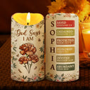 Gift For Yourself, Gift For Women, Christmas, Christian, Happy, Top Market - Stained Glass Birth Flower Mosaic Art God Says I Am - Personalized Flameless LED Candle