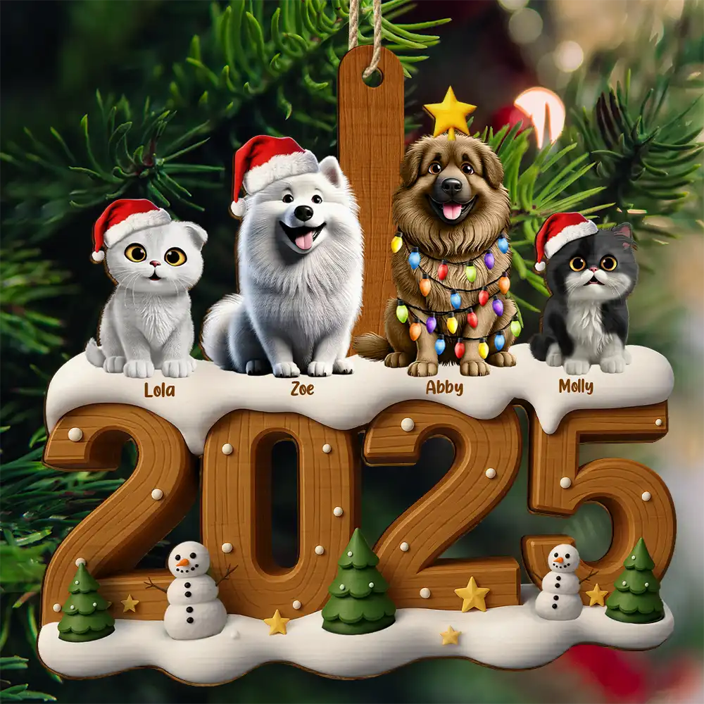 Pet Lovers,Pet Mom,Pet Dad,Dog Lovers,Dog Mom,Dog Dad,Cat Lovers,Cat Mom,Cat Dad,Christmas - Christmas Cute 3D Effect Dog Cat - Personalized Custom Shaped Wooden Ornament