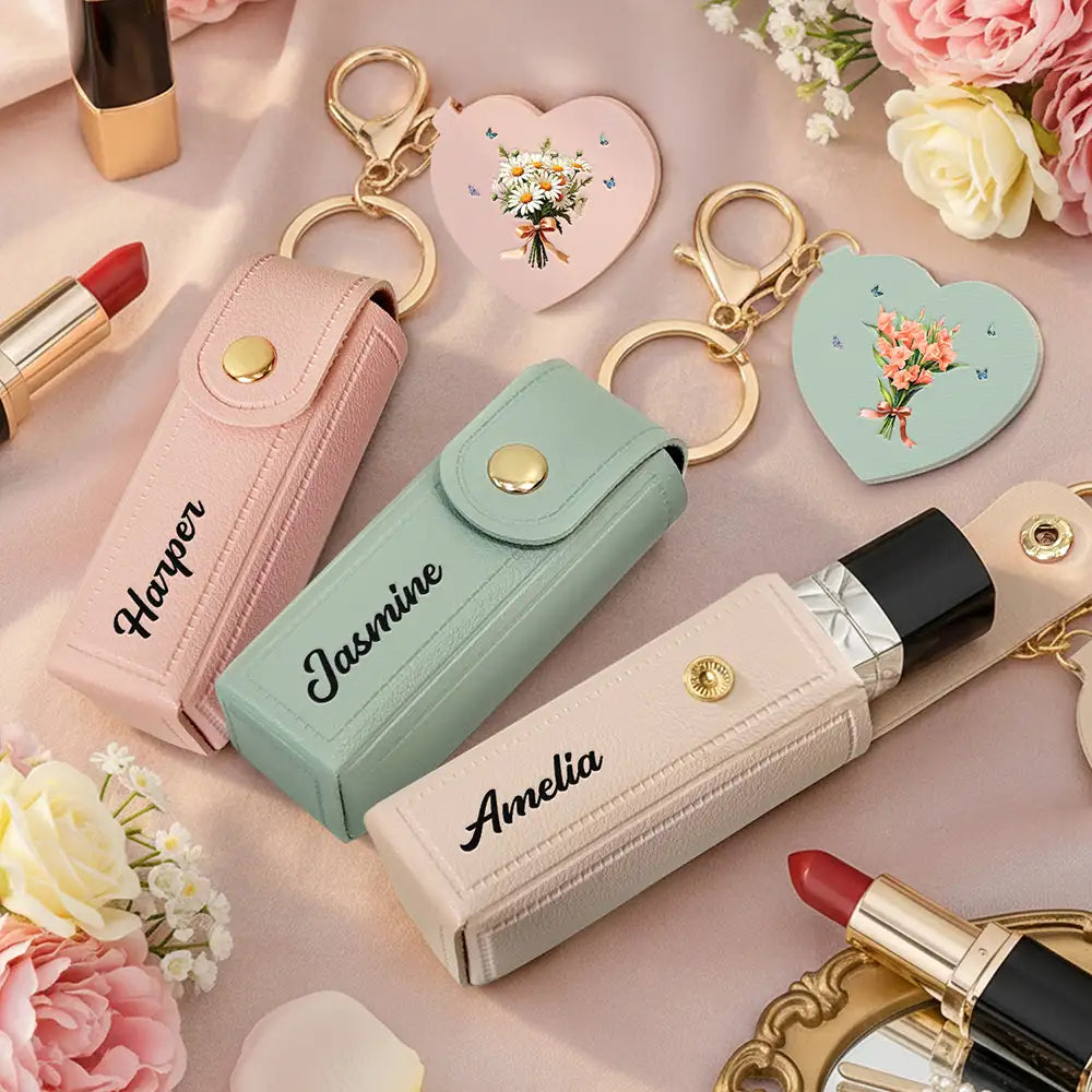 Birth Month Flower Bouquet With Name - Personalized Leather Lipstick Case Keychain With Mirror