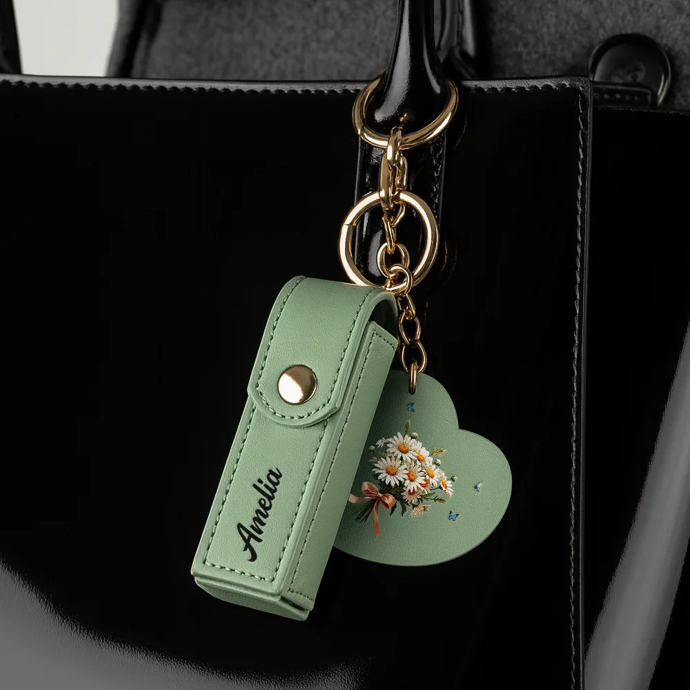 Gift For Women,Gift For Wife,Gift For Girlfriend,Love - Birth Month Flower Bouquet With Name - Personalized Leather Lipstick Case Keychain With Mirror