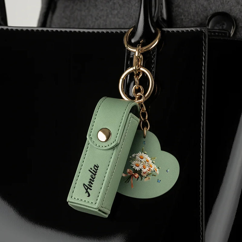 Gift For Women,Gift For Wife,Gift For Girlfriend,Love - Birth Month Flower Bouquet With Name - Personalized Leather Lipstick Case Keychain With Mirror
