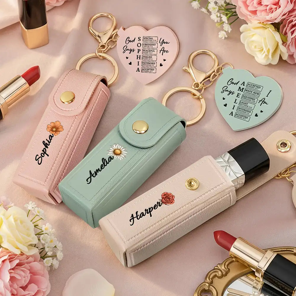 Gift For Women,Gift For Wife,Gift For Girlfriend,Love,Christian - God Says You Are Birth Month Flower - Personalized Leather Lipstick Case Keychain With Mirror