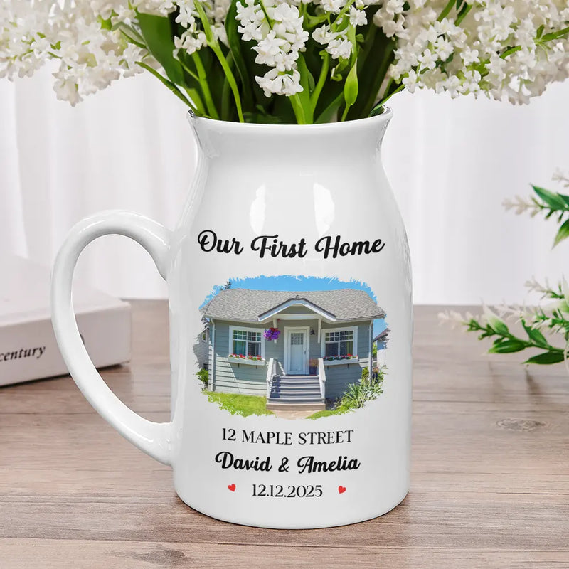 Gift For Couples,Family,Gift For Bestie - Custom Photo Our First Home Housewarming Gifts For Couple Family - Personalized Ceramic Flower Vase