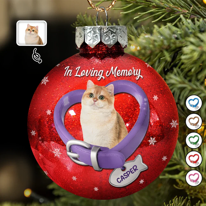 Christmas,Sad,Memorial,Cat Lovers - Custom Photo Heart-Shaped Collar With Fish Charm For Cat Lovers - Personalized Ball Ornament