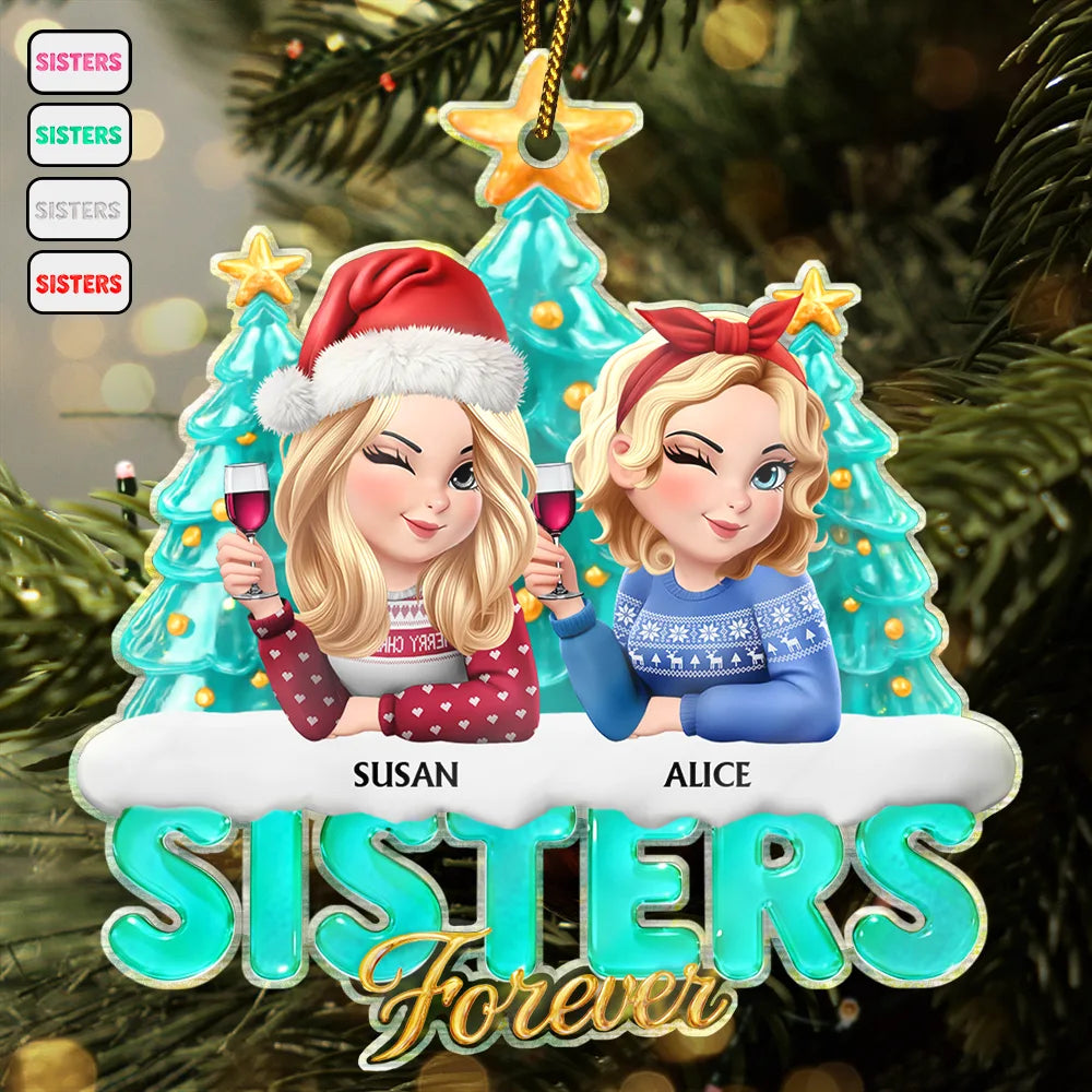 Christmas,Gift For Bestie,Non-Eng,Gift For Sisters - Besties Sisters Forever Christmas Tree Sea Glass Effect - Personalized Custom Shaped Acrylic Ornament