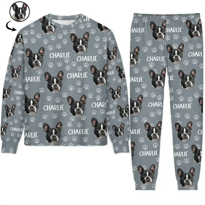 Cat Lovers,Pet Lovers,Dog Lovers,Dog Mom,Dog Dad,Cat Mom,Cat Dad,Happ - Custom Photo Funny Pet Face Pattern Dog Cat Family - Personalized Unisex Pajamas Set