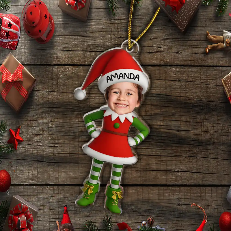 Gift For Kids,Gift For Grandkids,Christmas,Top Market,Happy - Christmas Kid Baby Little Elf 3D Effect - Personalized Custom Shaped Acrylic Ornament