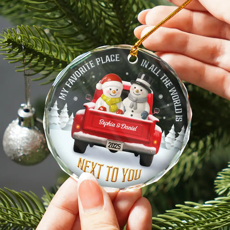 Gift For Couples,Old Couples,Gift For Women,Gift For Men,Gift For Husband,Gift For Wife,Love,Christmas,Gift For Boyfriend,Gift For Girlfriend - My Favorite Place In All The World Snowman Ceramic Effect - Personalized Circle Glass Ornament