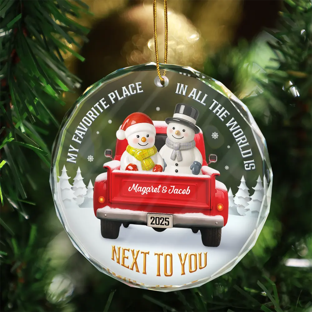 Gift For Couples,Old Couples,Gift For Women,Gift For Men,Gift For Husband,Gift For Wife,Love,Christmas,Gift For Boyfriend,Gift For Girlfriend - My Favorite Place In All The World Snowman Ceramic Effect - Personalized Circle Glass Ornament