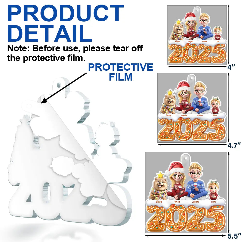 Family,Pet Lovers,Pet Mom,Pet Dad,Pet Couple,Dog Lovers,Dog Couple,Dog Mom,Dog Dad,Cat Lovers,Cat Mom,Cat Dad,Cat Couple,Happy,Christmas,Top Market - Christmas Gingerbread Family 3D Effect - Personalized Custom Shaped Acrylic Ornament