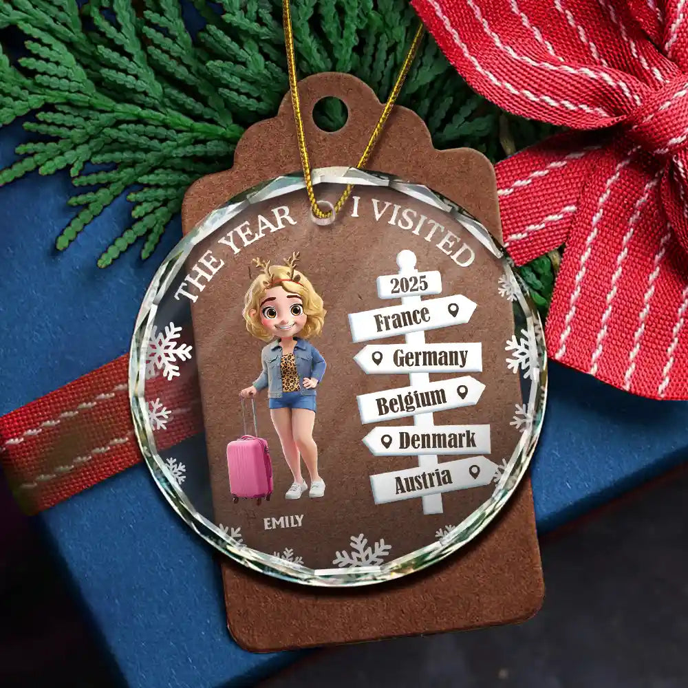 Travel,Christmas,Gift For Couples,Happy - The Year We Visted Travel Ornament - Personalized Circle Glass Ornament
