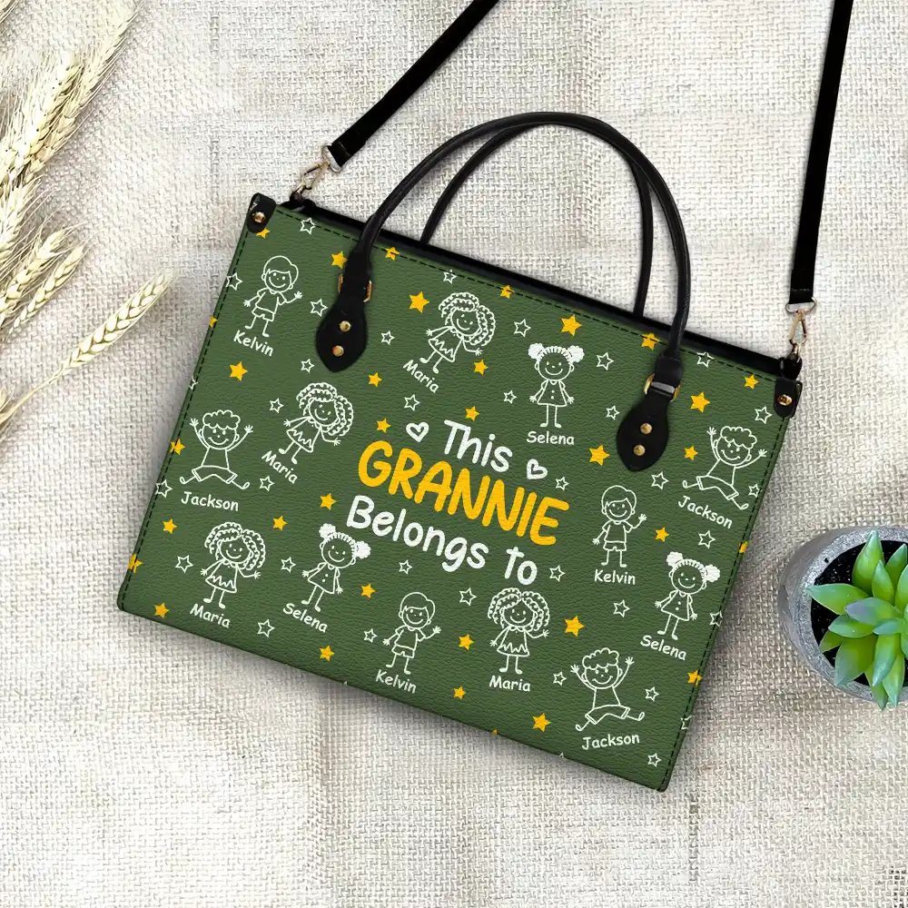 Gift For Grandma,Gift For Mother,Happy,Gift For Women,Stick Figure - This Grandma Mom Belongs To Kids Pet - Personalized Leather Bag