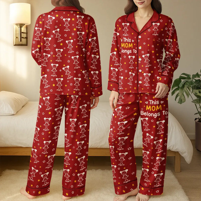 Gift For Grandparents,Gift For Grandpa,Gift For Grandma,Gift For Mother,Gift For Father,Happy,Christmas,Stick Figure - This Grandma Mom Belongs To Kids Pet - Personalized Satin Pajama Set