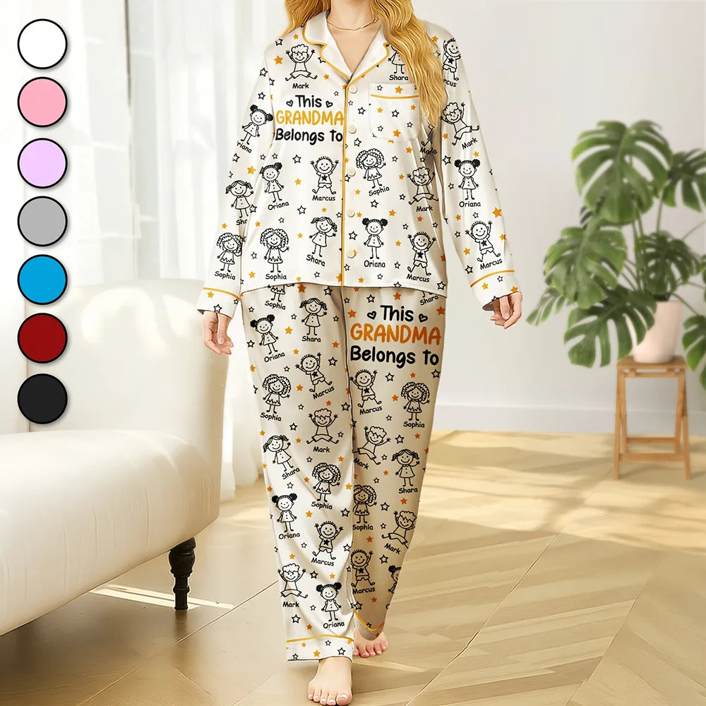 Gift For Grandparents,Gift For Grandpa,Gift For Grandma,Gift For Mother,Gift For Father,Happy,Christmas,Stick Figure - This Grandma Mom Belongs To Kids Pet - Personalized Satin Pajama Set