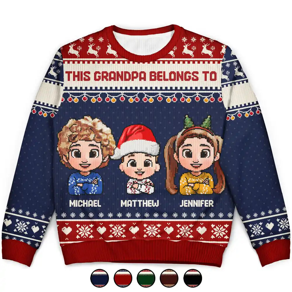 Gift For Grandpa,Funny,Christmas - This Grandpa Belongs To Grandkids Pixel Art - Personalized Unisex Ugly Sweater